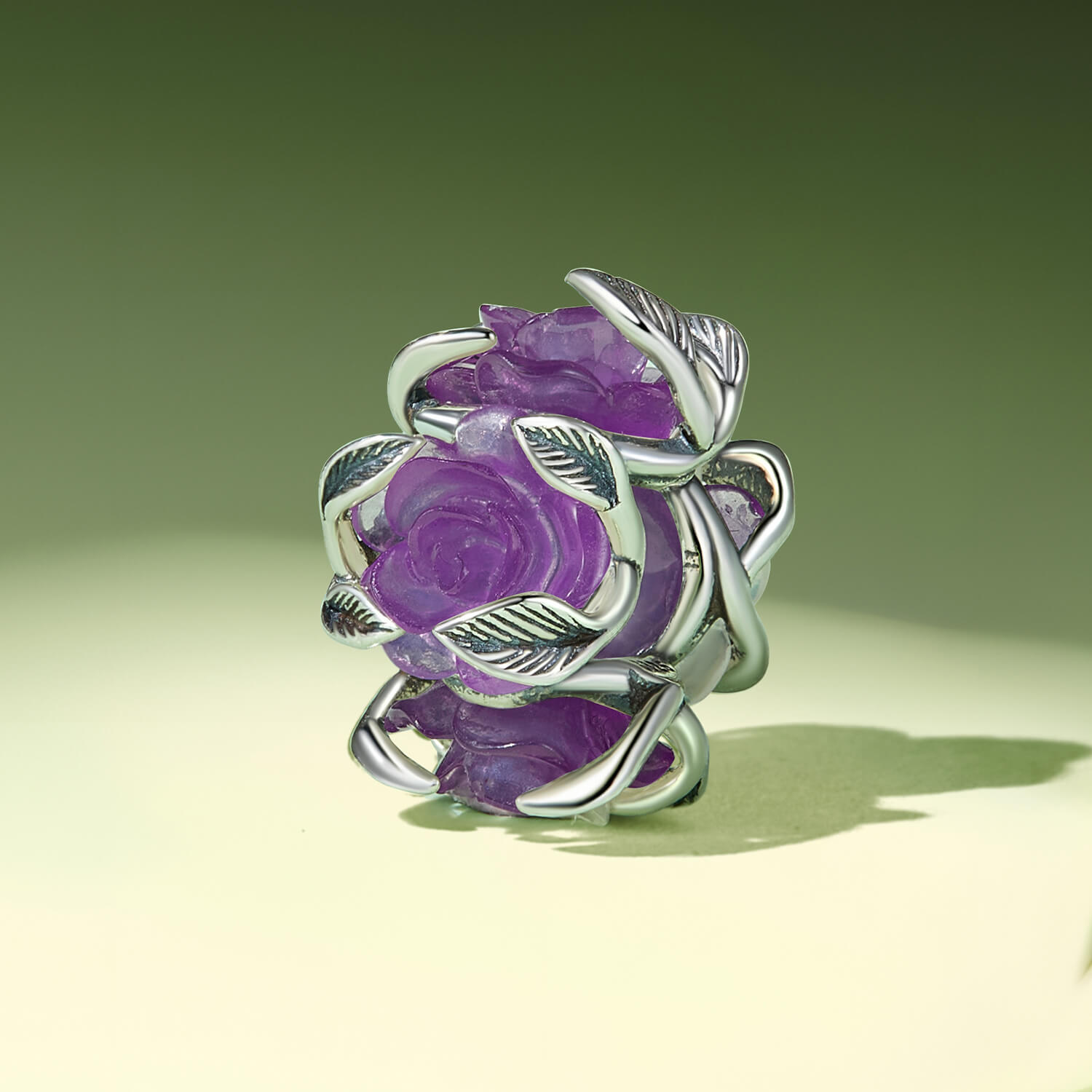 UV Color-changing Purple Rose Vine Resin Charm in Sterling Silver front