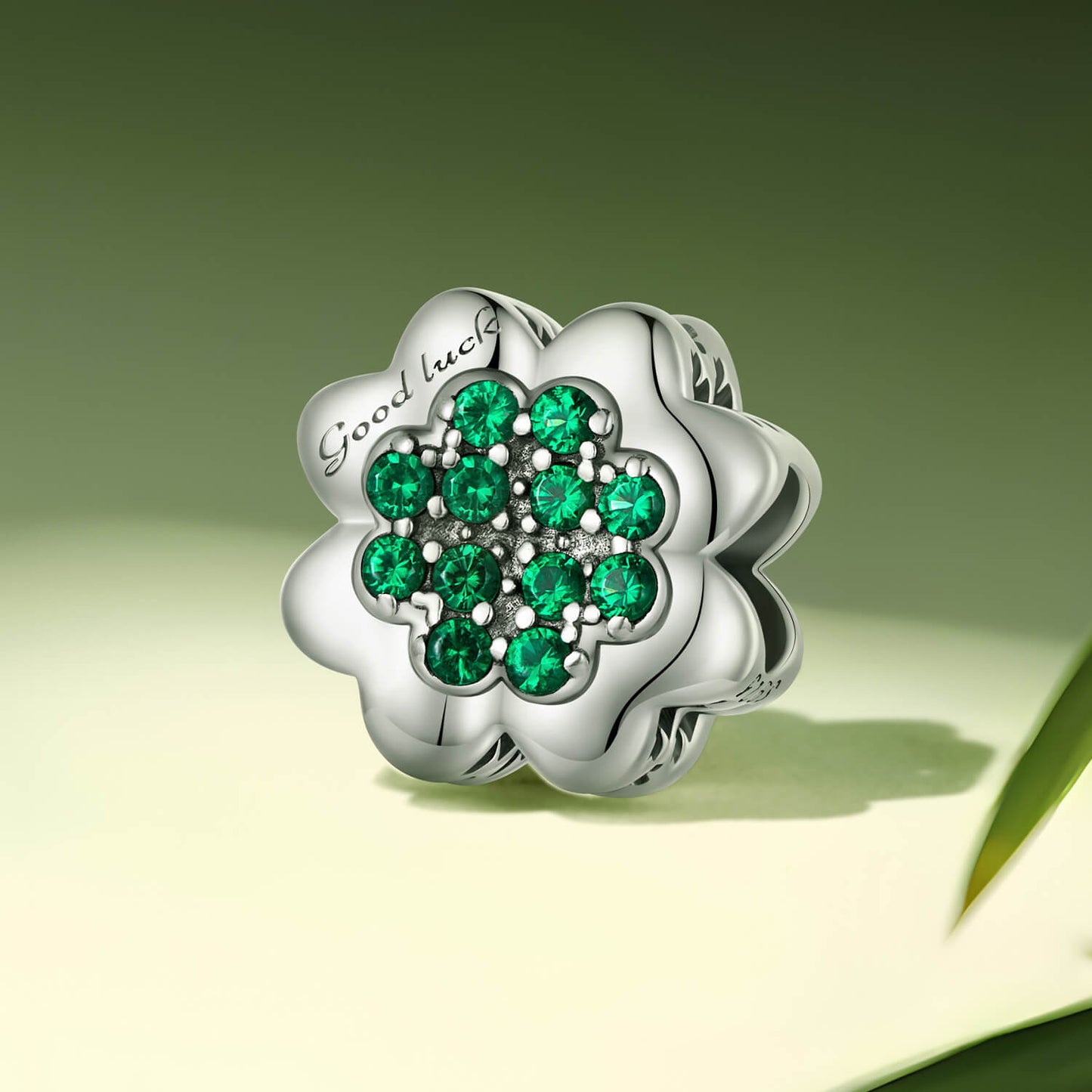 Shining Clover Zircon Charm in Sterling Silver front