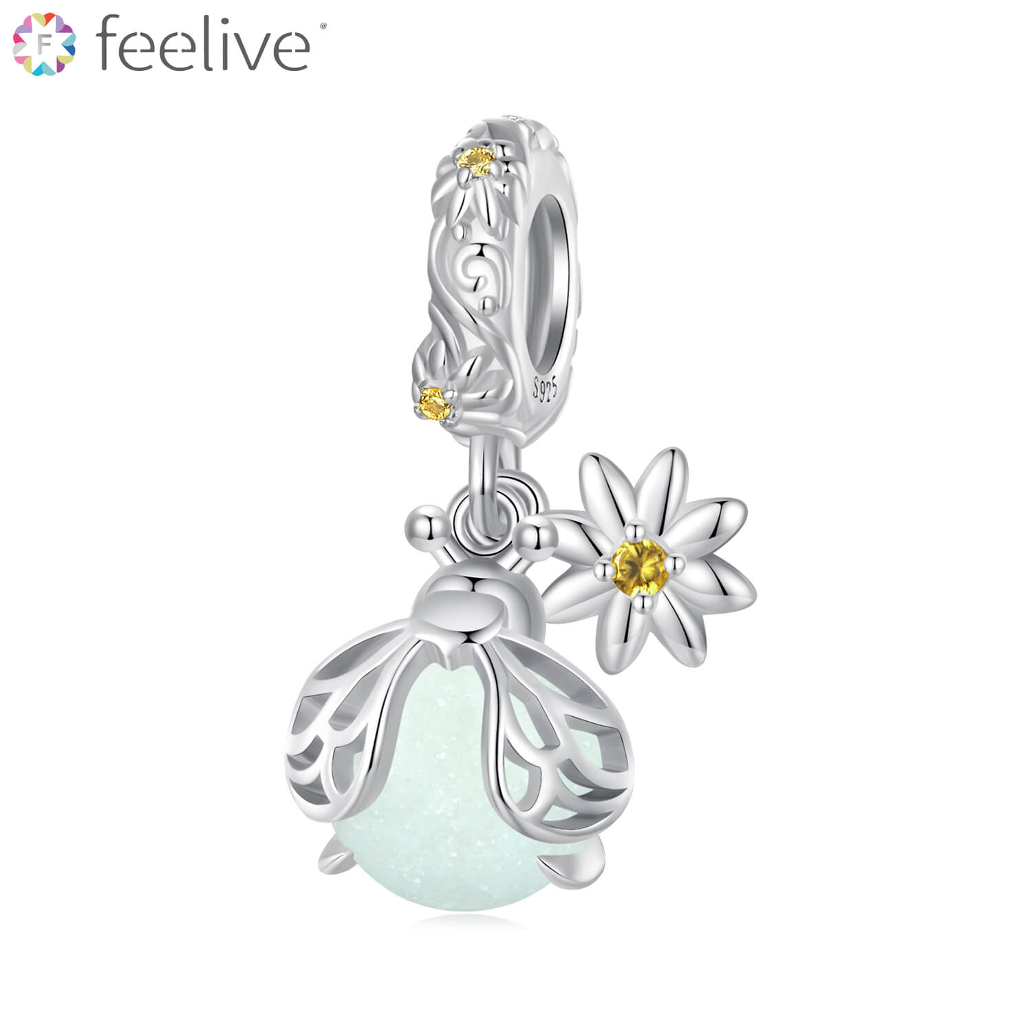 Glow-in-the-night Daisy Firefly Zircon Charm in Sterling Silver - Feelive