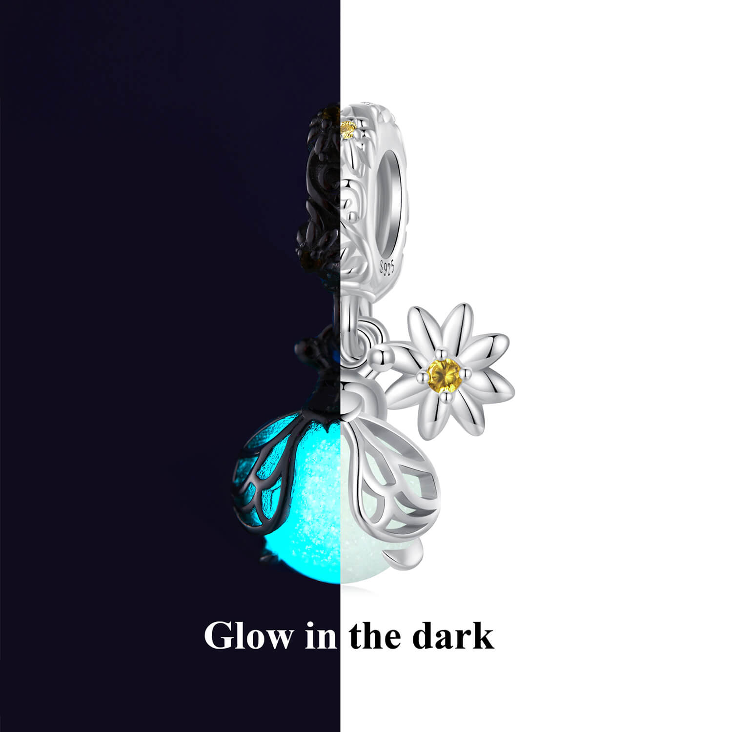 Glow-in-the-night Daisy Firefly Zircon Charm in Sterling Silver changing