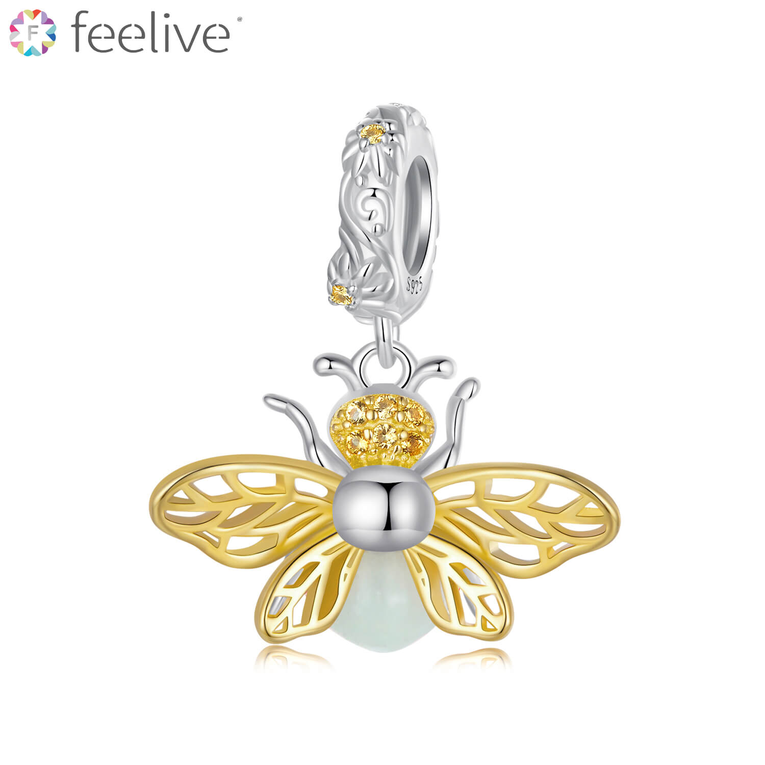 Glow-in-the-night Golden Bee Zircon Charm in Sterling Silver - Feelive