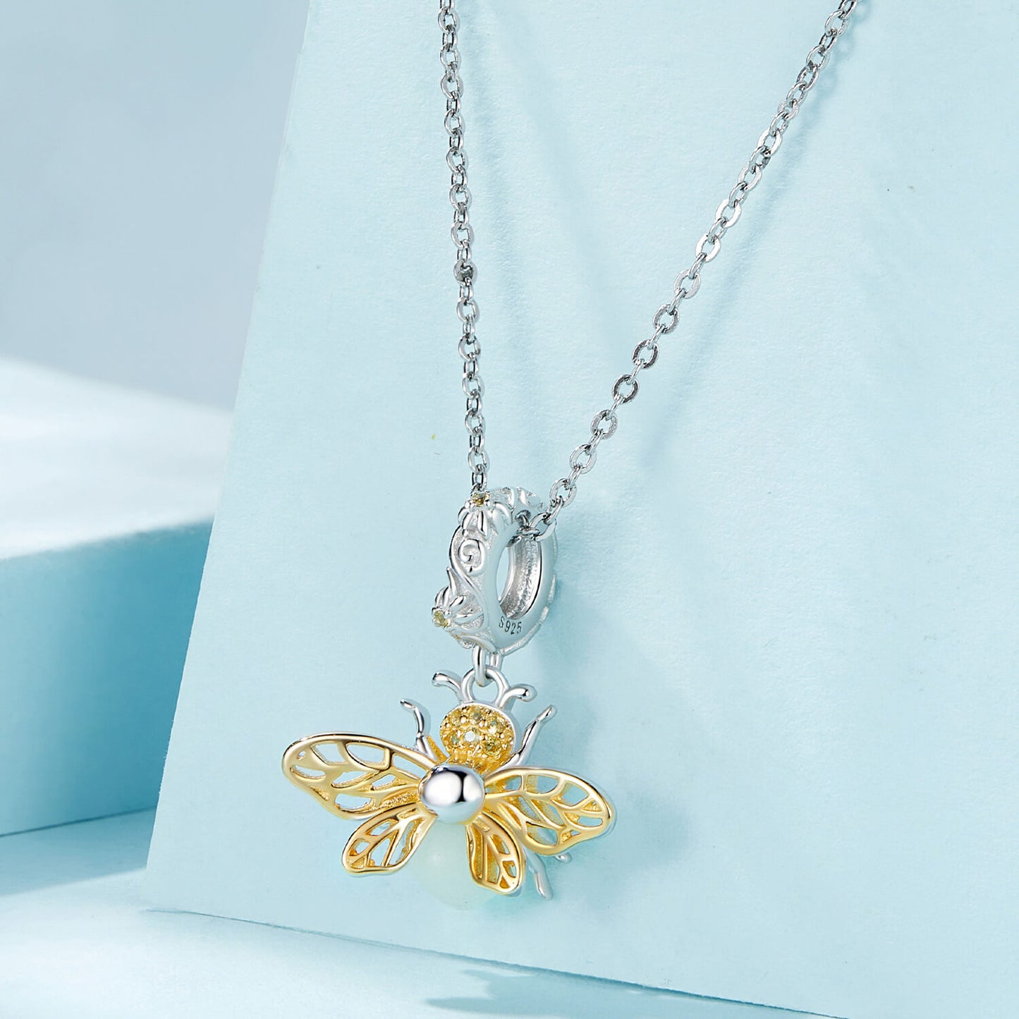 Glow-in-the-night Golden Bee Zircon Charm in Sterling Silver necklace pendant