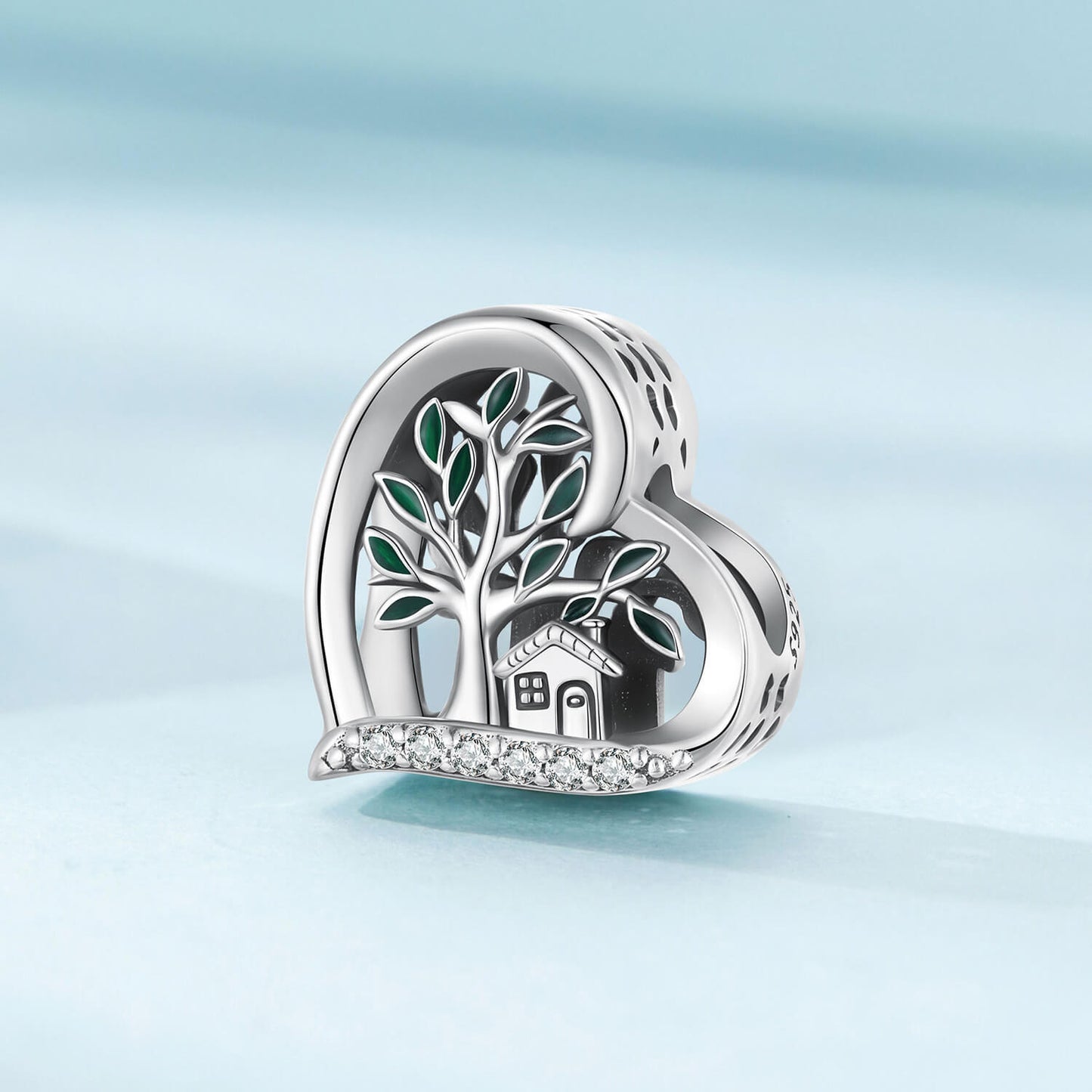 Loving Family Tree Enamel Zircon Charm in Sterling Silver front