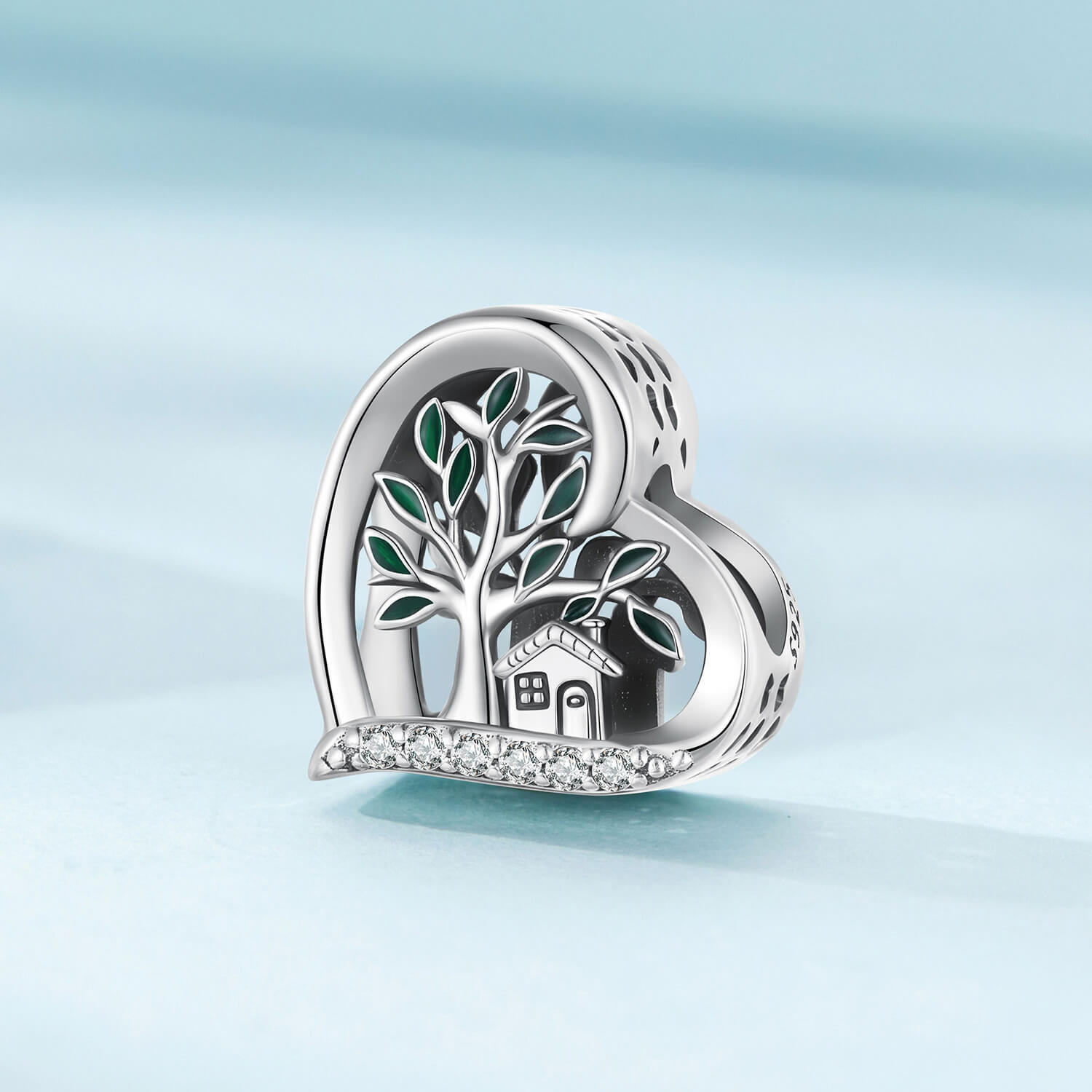 Loving Family Tree Enamel Zircon Charm in Sterling Silver front