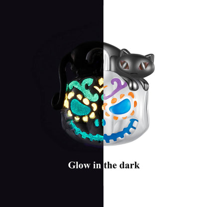 Glow-in-the-dark Black Cat Pumpkin Lantern Enamel Charm in Sterling Silver luminous effect