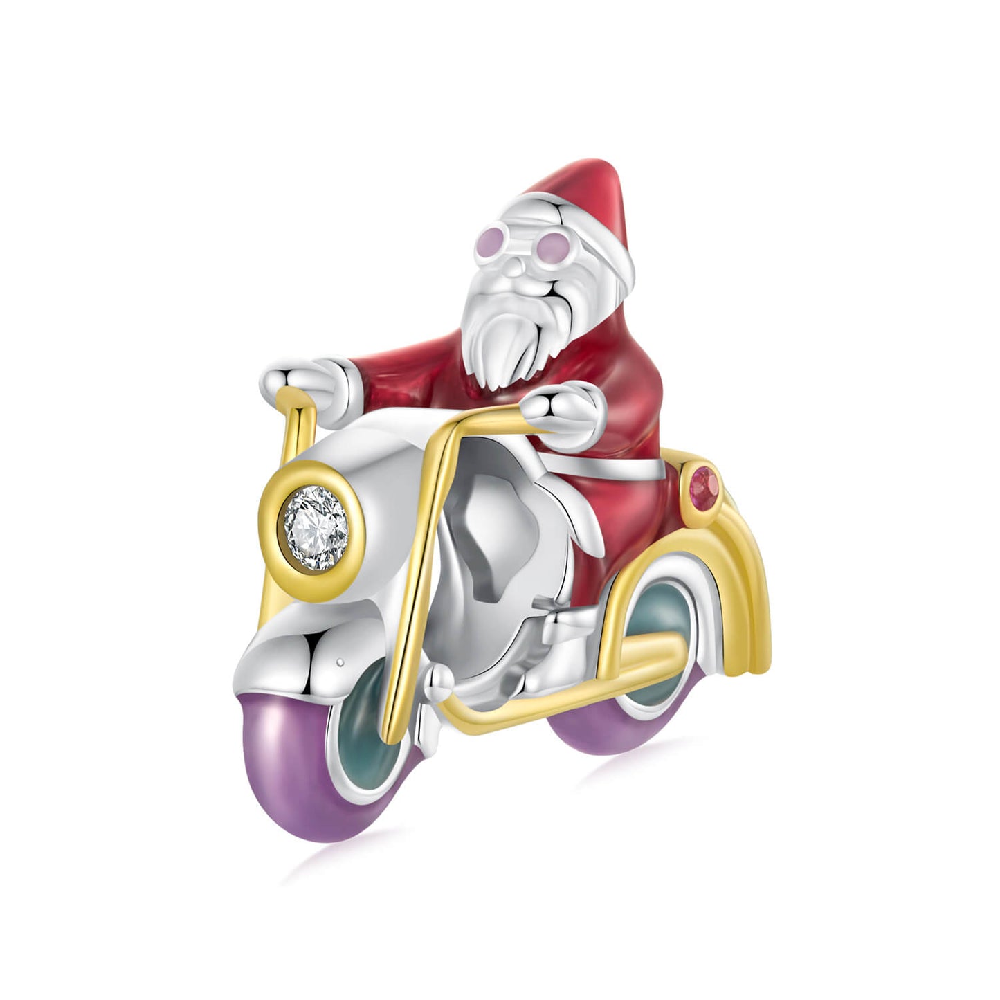 Fantasy Christmas Night Luminous Enamel Charm Set in Sterling Silver - Motorcycle Santa