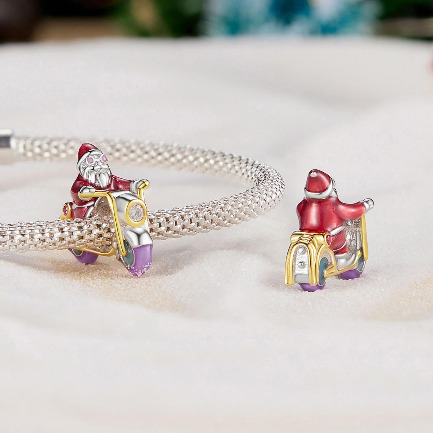 Fantasy Christmas Night Luminous Enamel Charm Set in Sterling Silver motorcycle Santa front and back