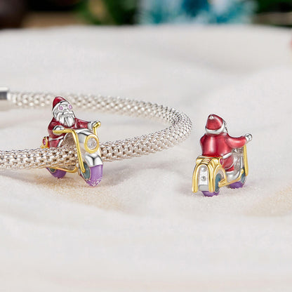 Fantasy Christmas Night Luminous Enamel Charm Set in Sterling Silver motorcycle Santa front and back