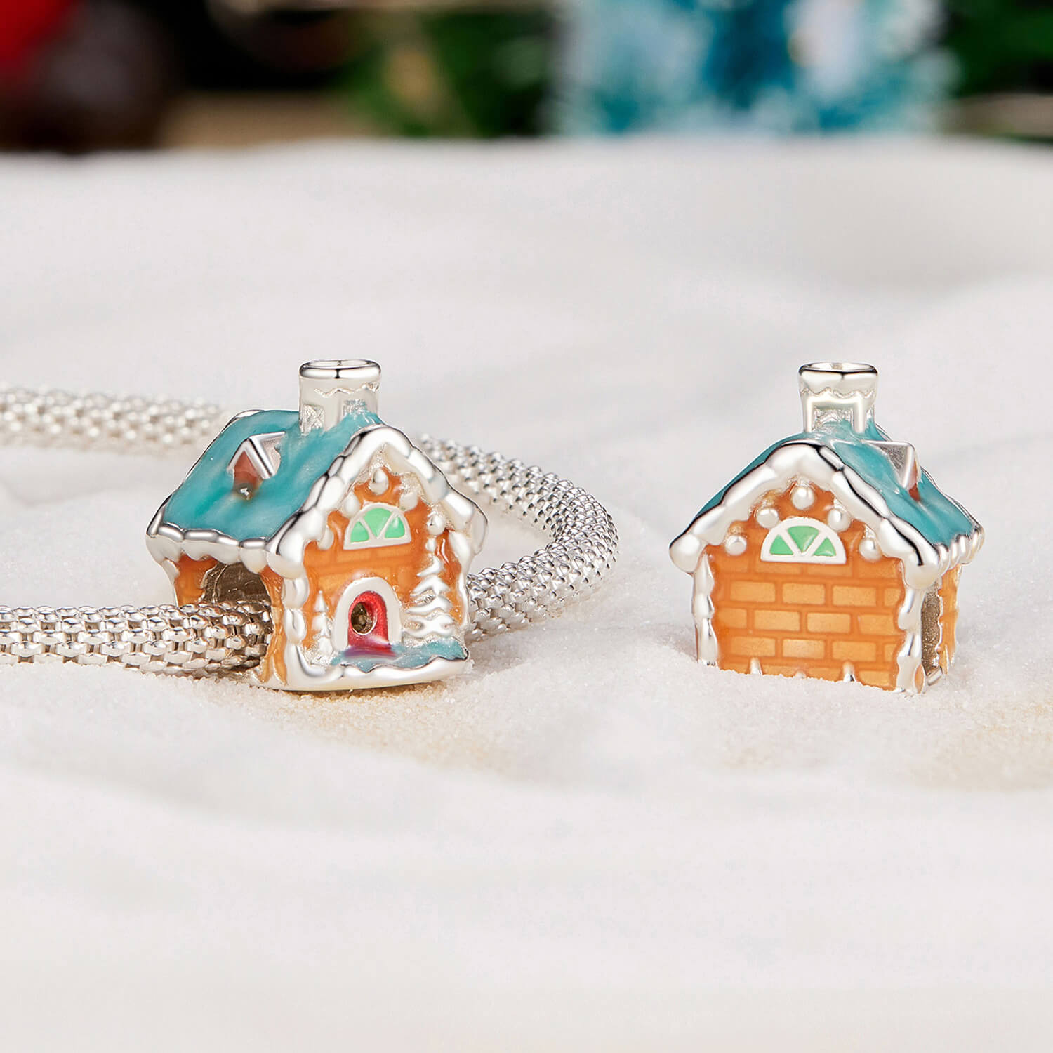 Fantasy Christmas Night Luminous Enamel Charm Set in Sterling Silver Christmas house front and back