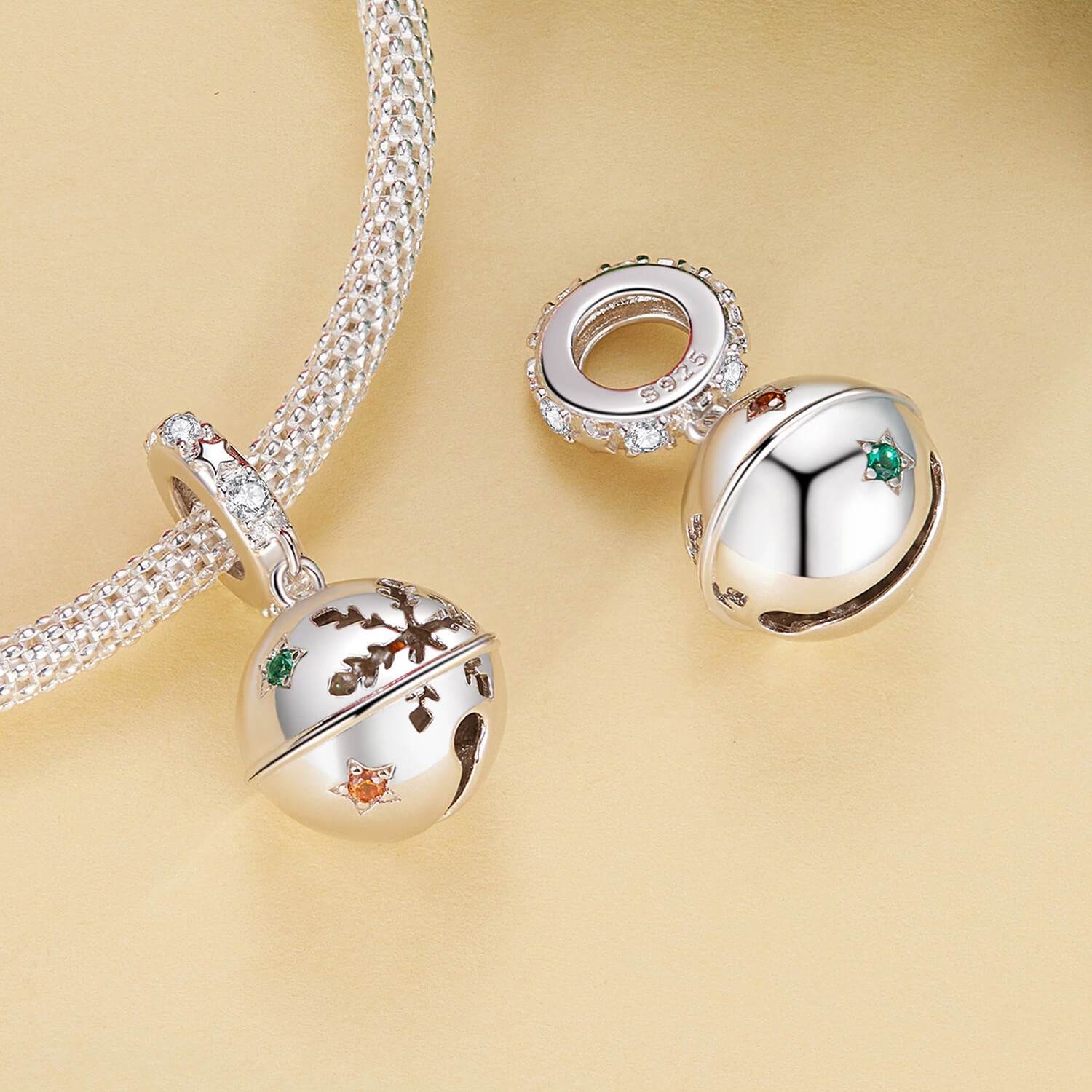 Wonderful Christmas Enamel Charm Set in Sterling Silver bell front and back