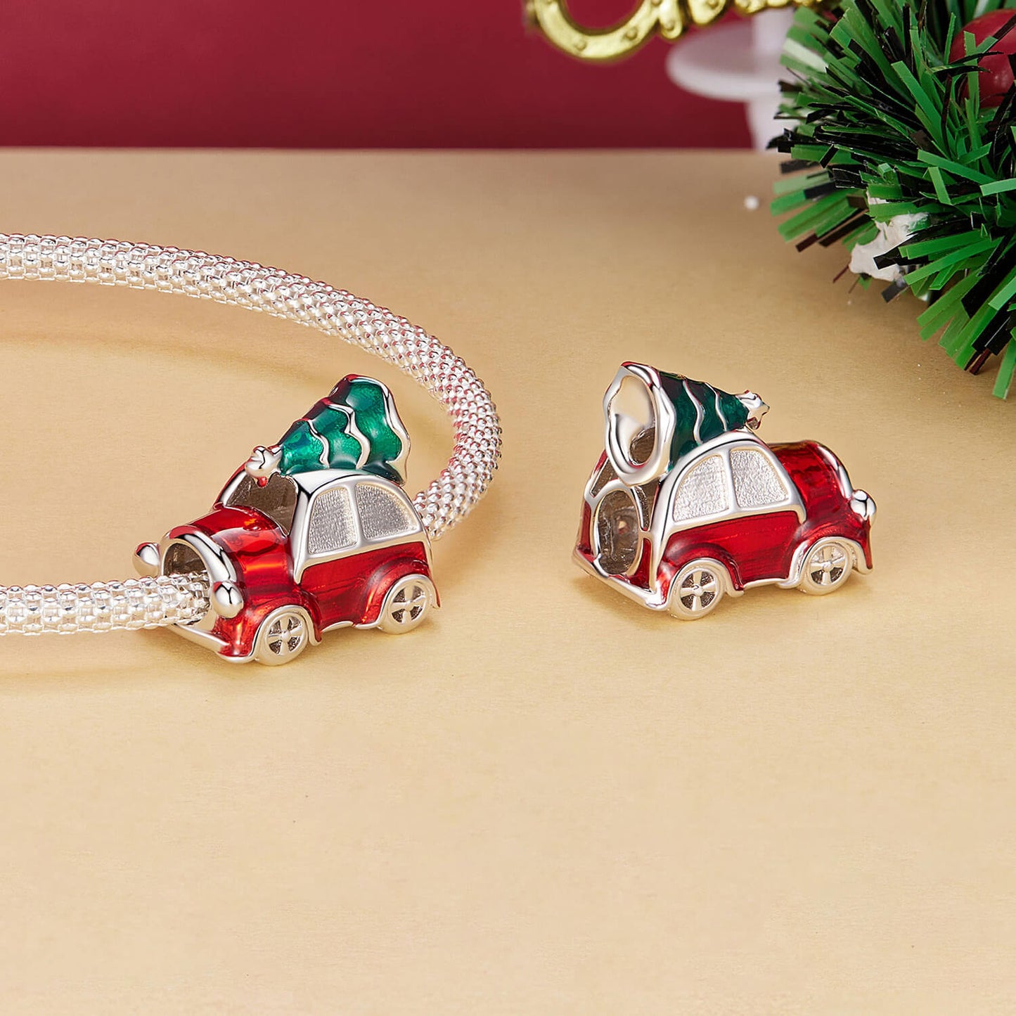 Wonderful Christmas Enamel Charm Set in Sterling Silver car front and back