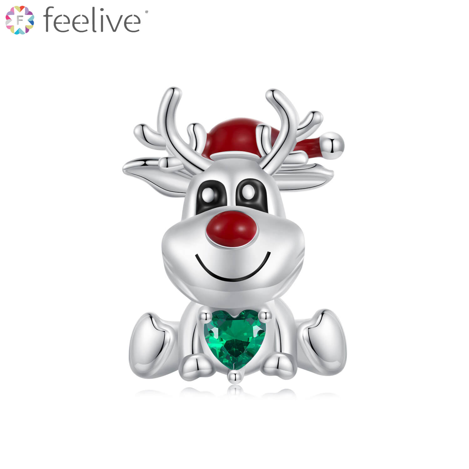 Elk with Christmas Gift Zircon Enamel Charm in Sterling Silver - Feelive