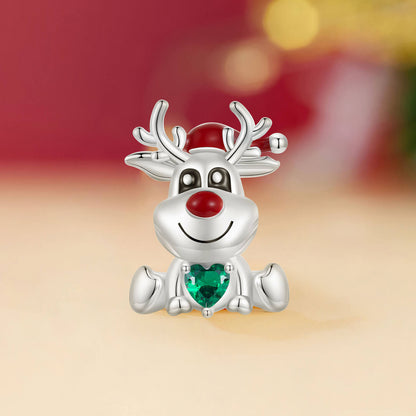 Elk with Christmas Gift Zircon Enamel Charm in Sterling Silver front