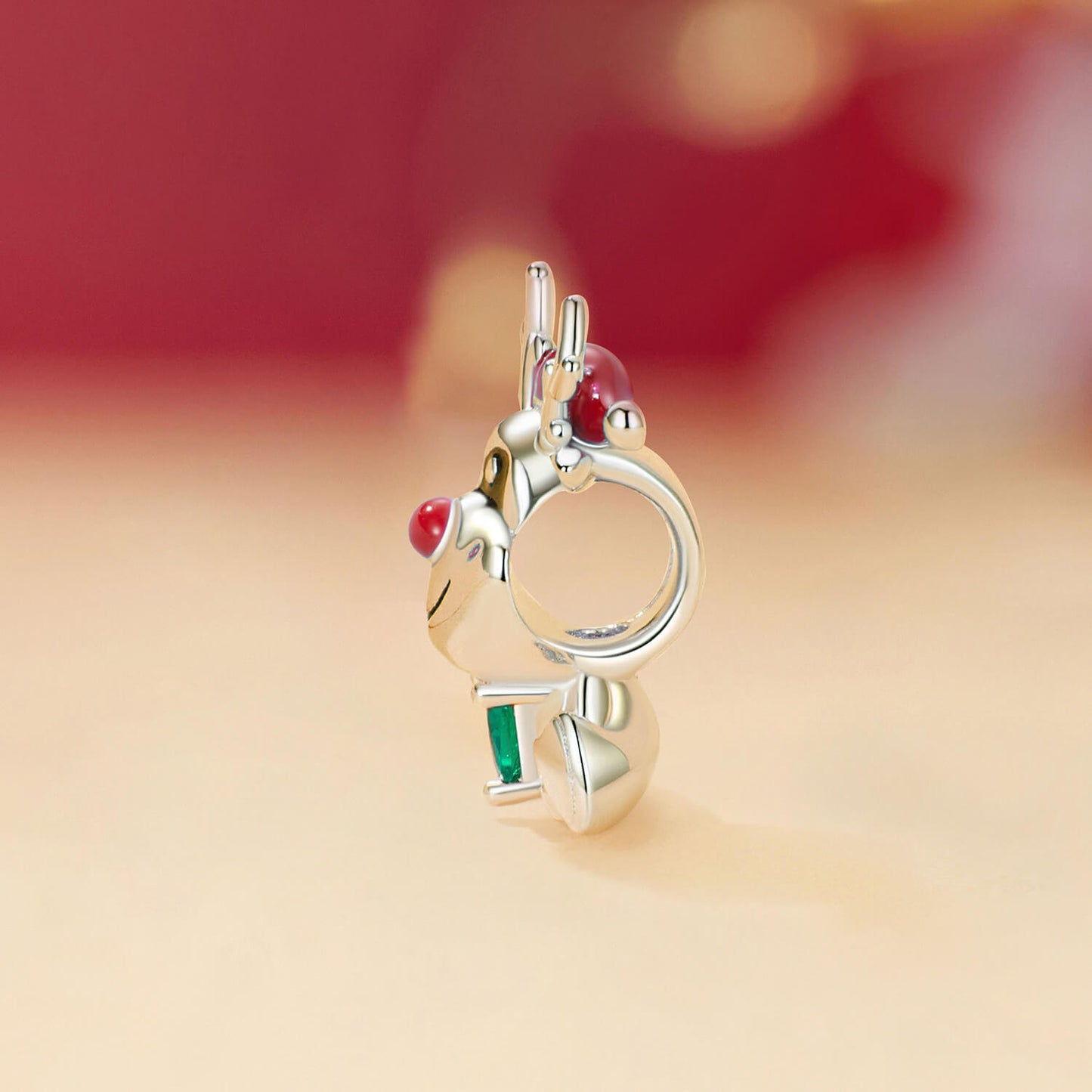 Elk with Christmas Gift Zircon Enamel Charm in Sterling Silver side