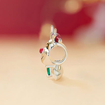 Elk with Christmas Gift Zircon Enamel Charm in Sterling Silver side