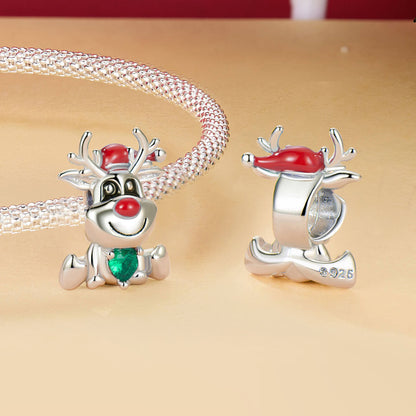 Elk with Christmas Gift Zircon Enamel Charm in Sterling Silver front and back