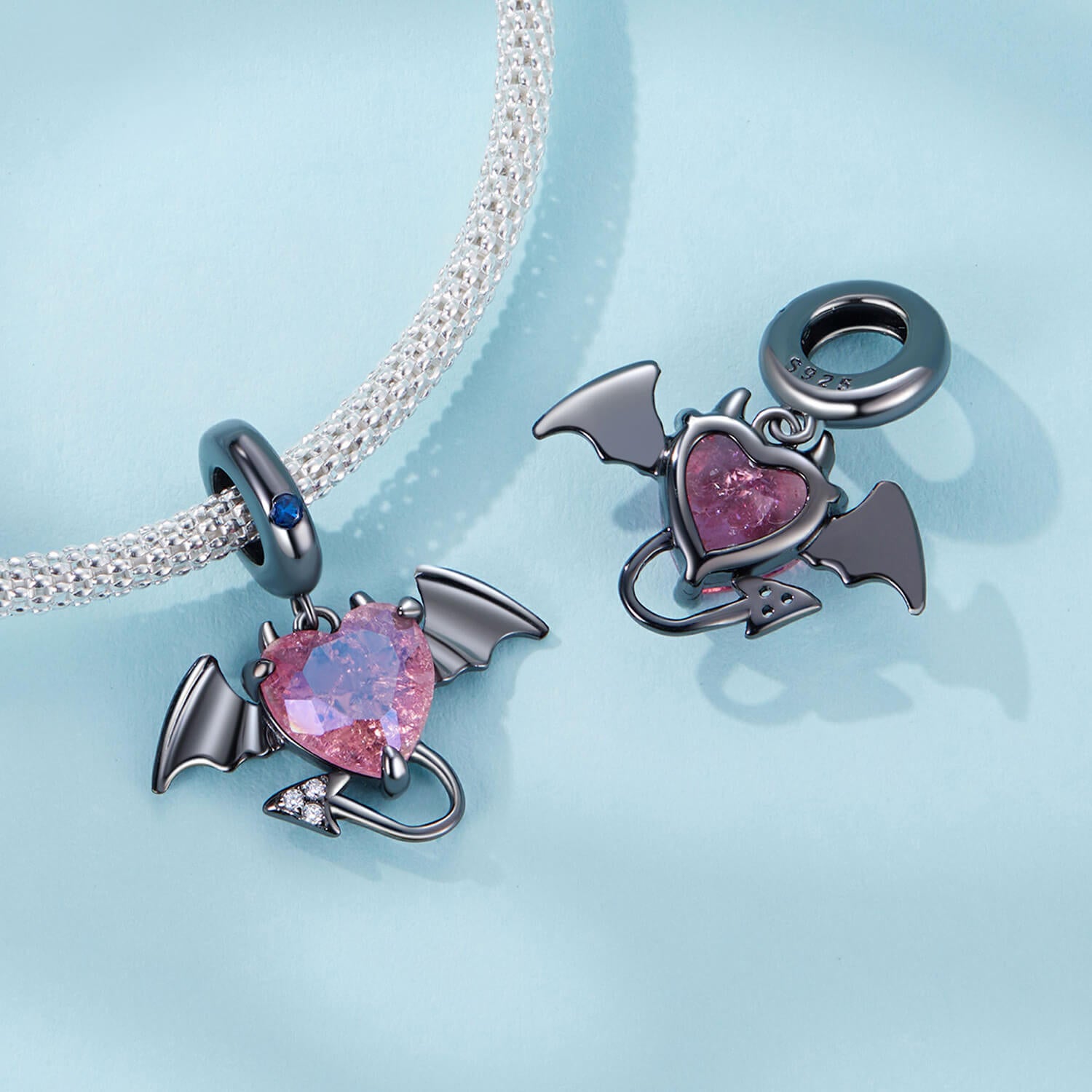 Purple Heart Little Devil Gems Charm in Sterling Silver front and back