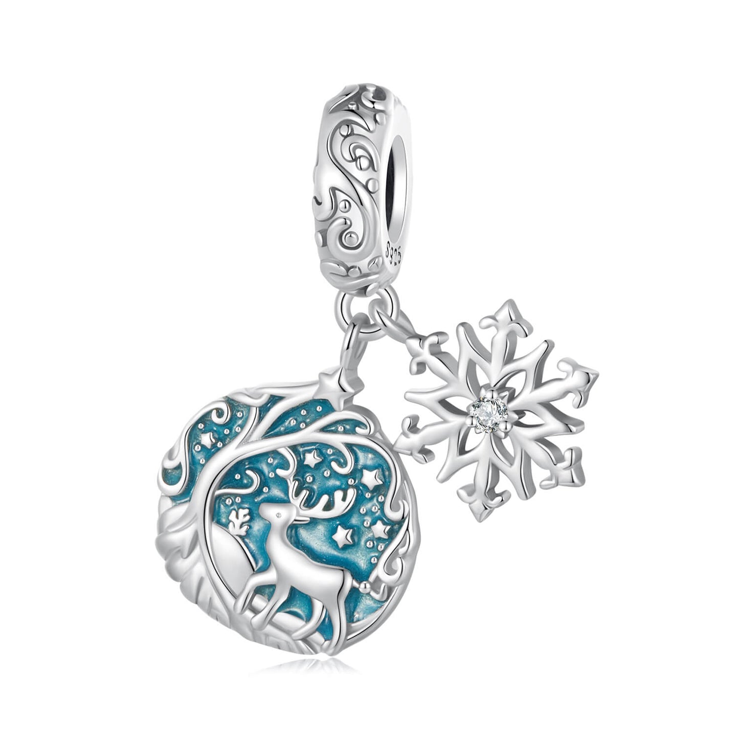 Fantasy Christmas Night Luminous Enamel Charm Set in Sterling Silver - Snow Reindeer