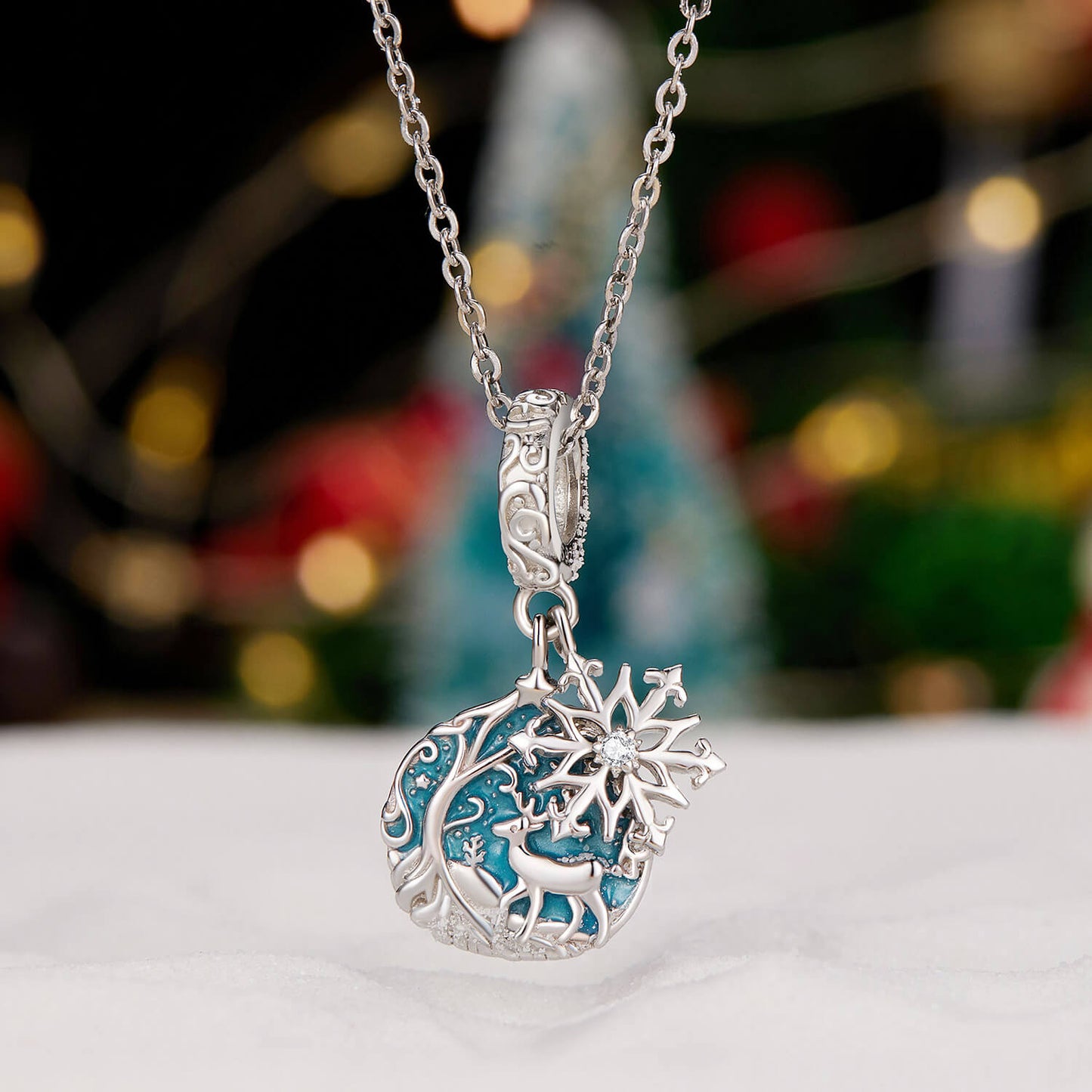 Fantasy Christmas Night Luminous Enamel Charm Set in Sterling Silver snow reindeer pendant front