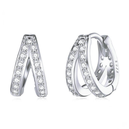 V Shaped Wishbone Zircon Huggie Earrings in Sterling Silver - Silver