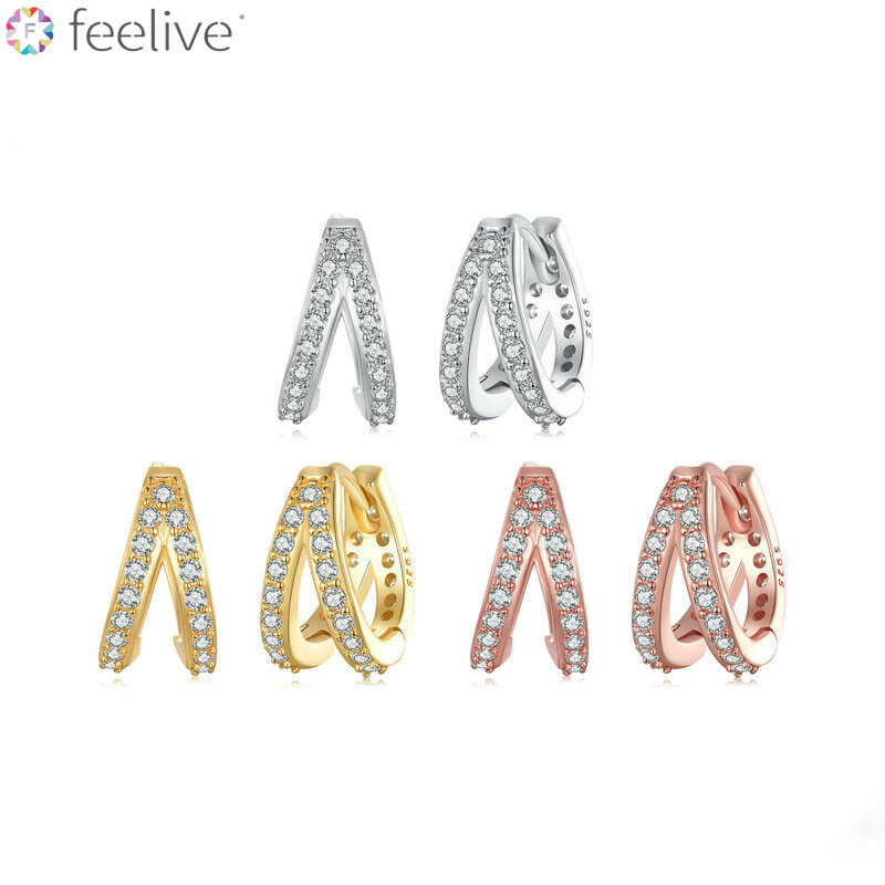 V Shaped Wishbone Zircon Huggie Earrings in Sterling Silver - Feelive