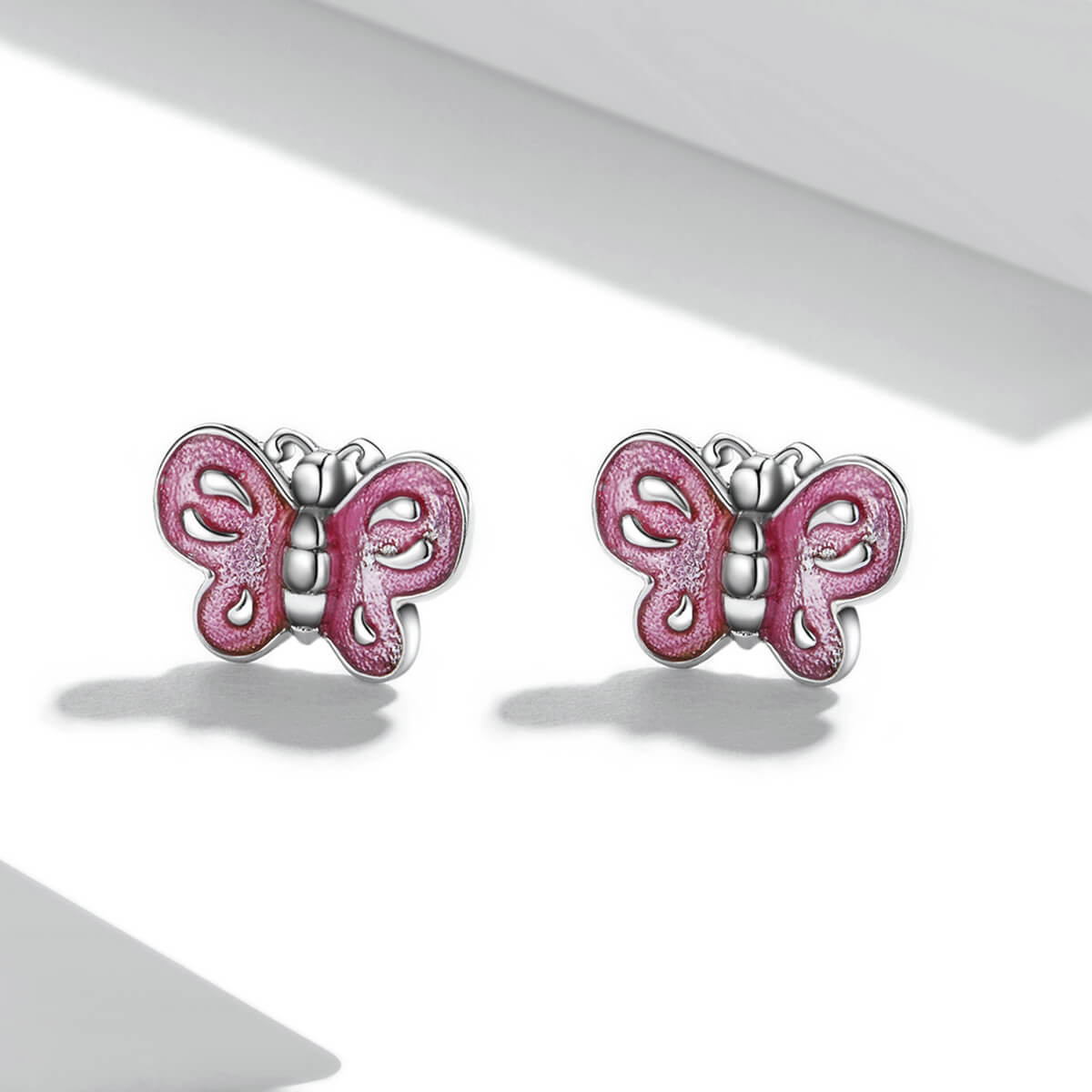 Cute Pink Butterfly Enamel Earrings in Sterling Silver front