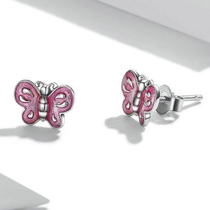 Cute Pink Butterfly Enamel Earrings in Sterling Silver front and side