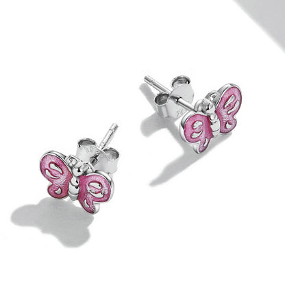 Cute Pink Butterfly Enamel Earrings in Sterling Silver side