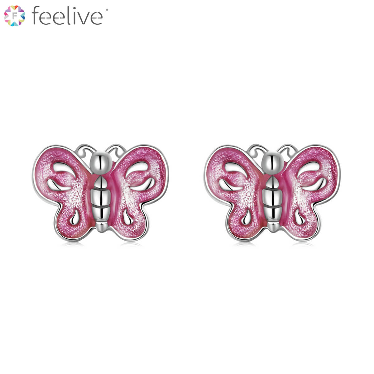 Cute Pink Butterfly Enamel Earrings in Sterling Silver - Feelive