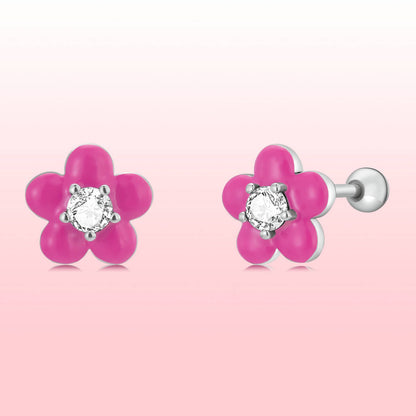 Hot Pink Flower Enamel Zircon Earrings in Sterling Silver 