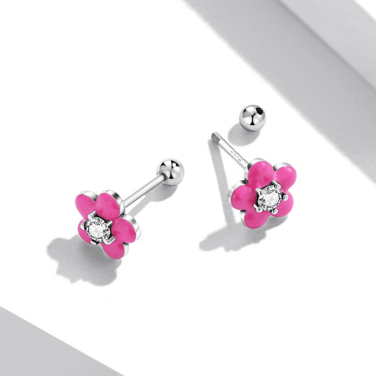 Hot Pink Flower Enamel Zircon Earrings in Sterling Silver side