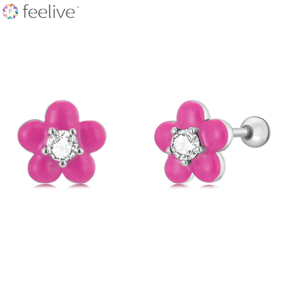 Hot Pink Flower Enamel Zircon Earrings in Sterling Silver - Feelive