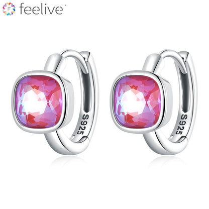 Barbie Hot Pink Square Gem Huggie Earrings in Sterling Silver - Feelive