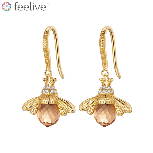 Golden Bee Queen Zircon Earrings in Sterling Silver - Feelive