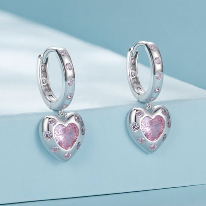 Fashion Pink Heart Zircon Earrings in Sterling Silver front