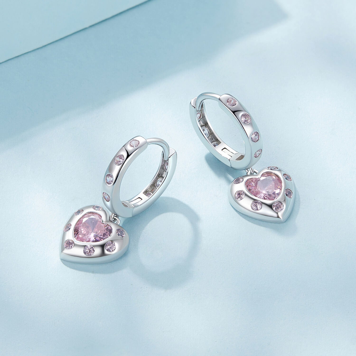 Fashion Pink Heart Zircon Earrings in Sterling Silver side