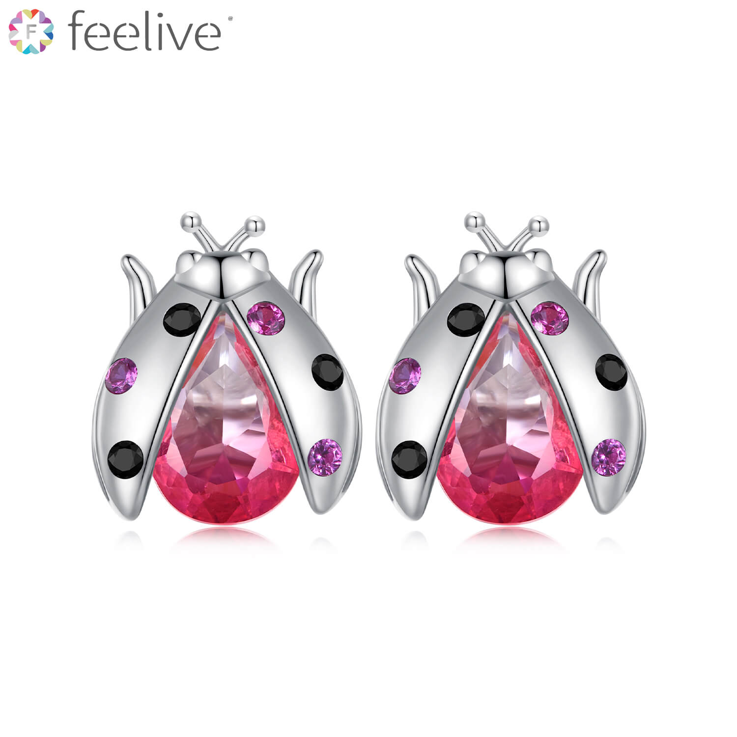 Hot Pink Beetle Gems Earrings in Sterling Silver - Feelive