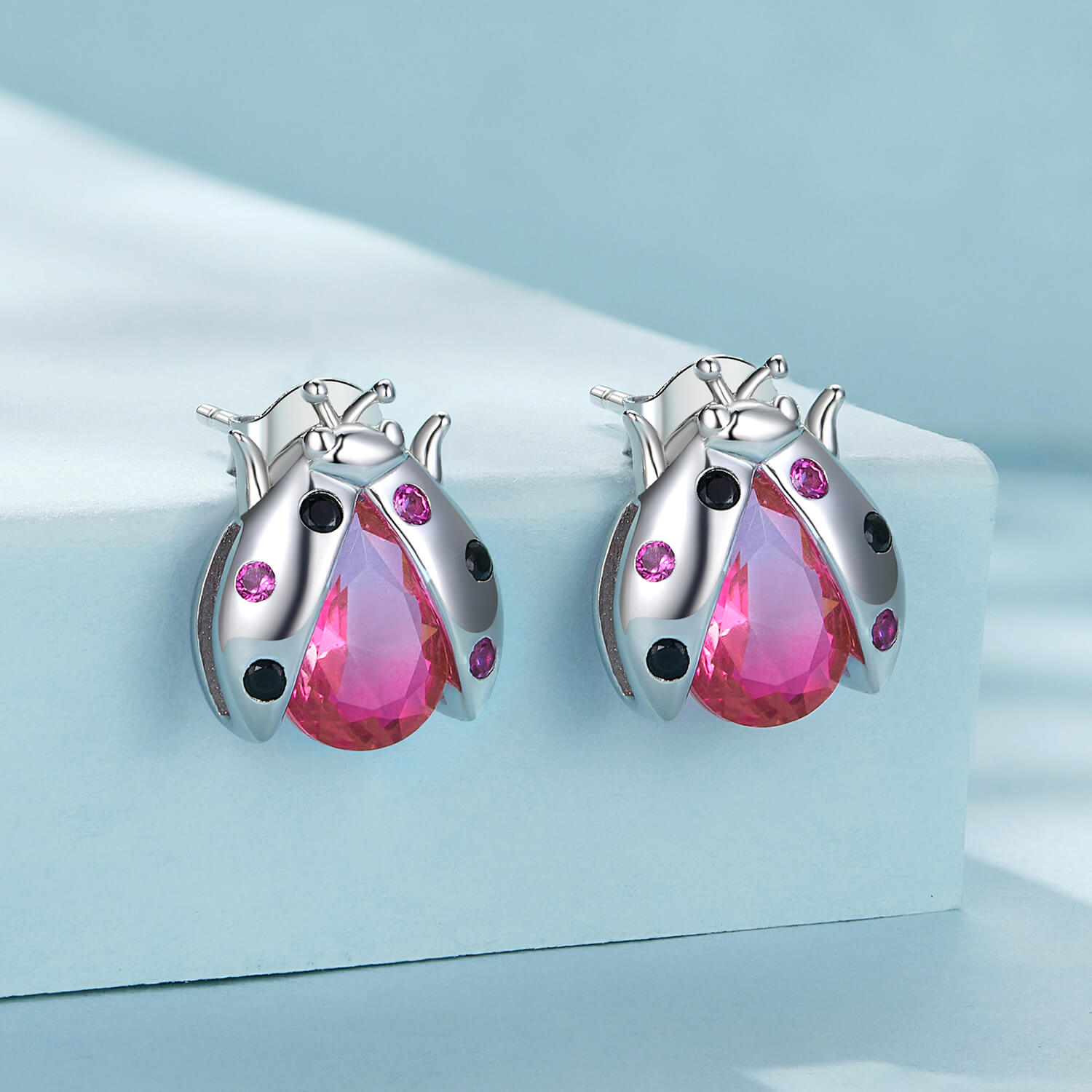 Hot Pink Beetle Gems Earrings in Sterling Silver front