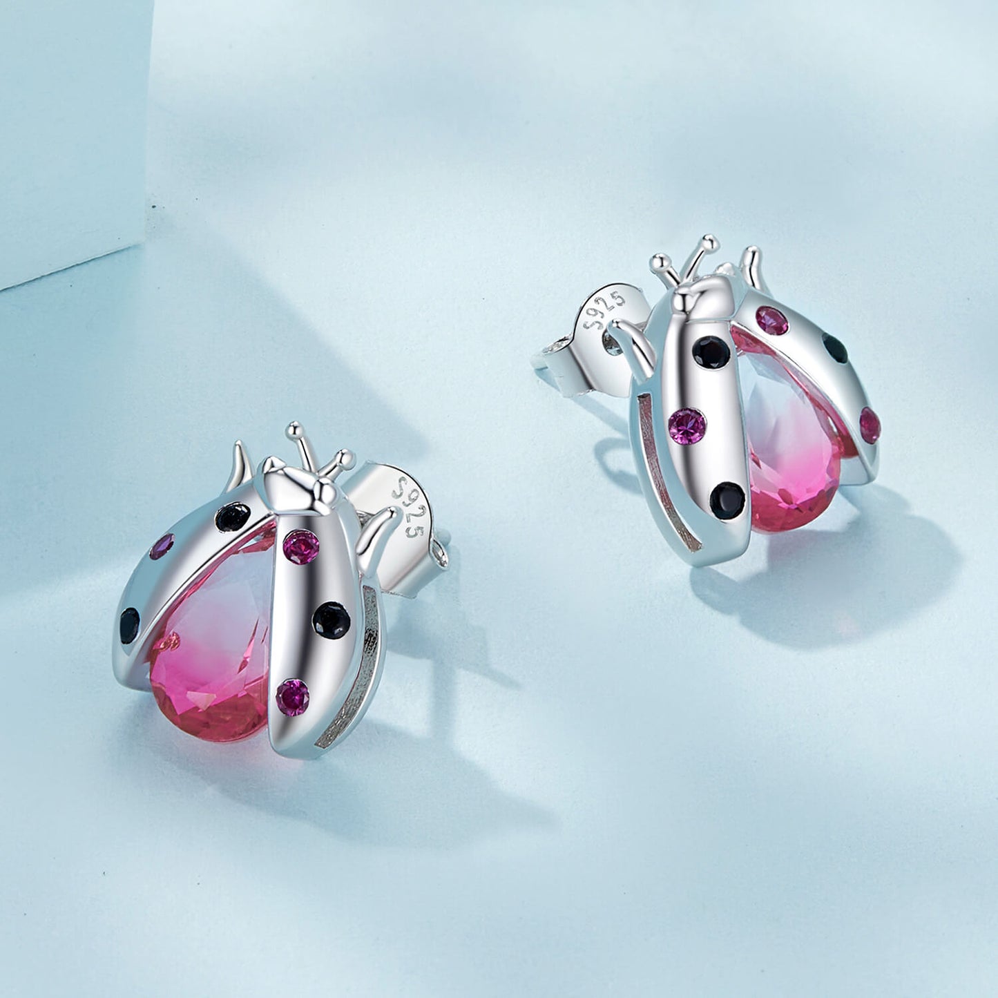 Hot Pink Beetle Gems Earrings in Sterling Silver side