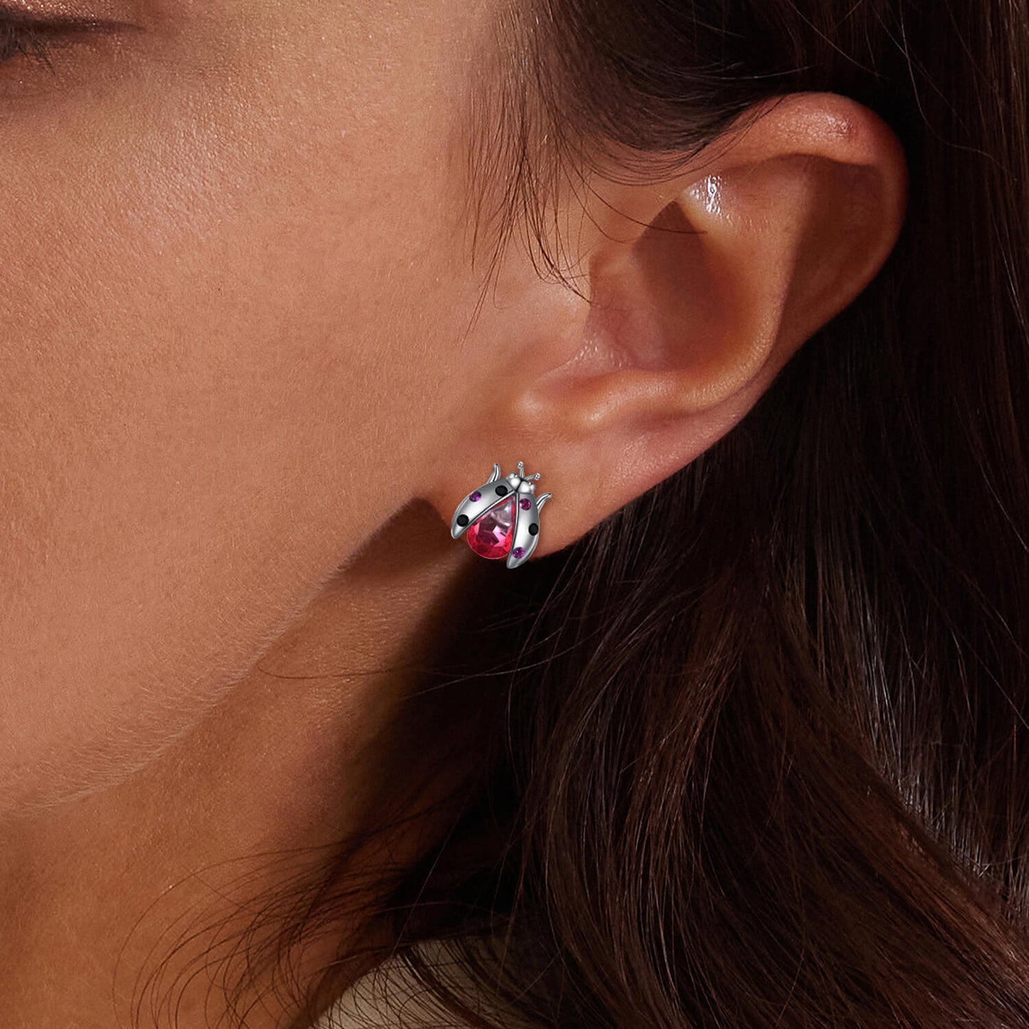 Hot Pink Beetle Gems Earrings in Sterling Silver model