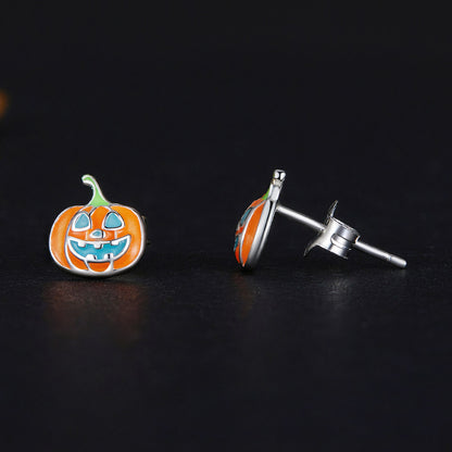 Glow-in-the-dark Pumpkin Lantern Enamel Earrings in Sterling Silver front and side