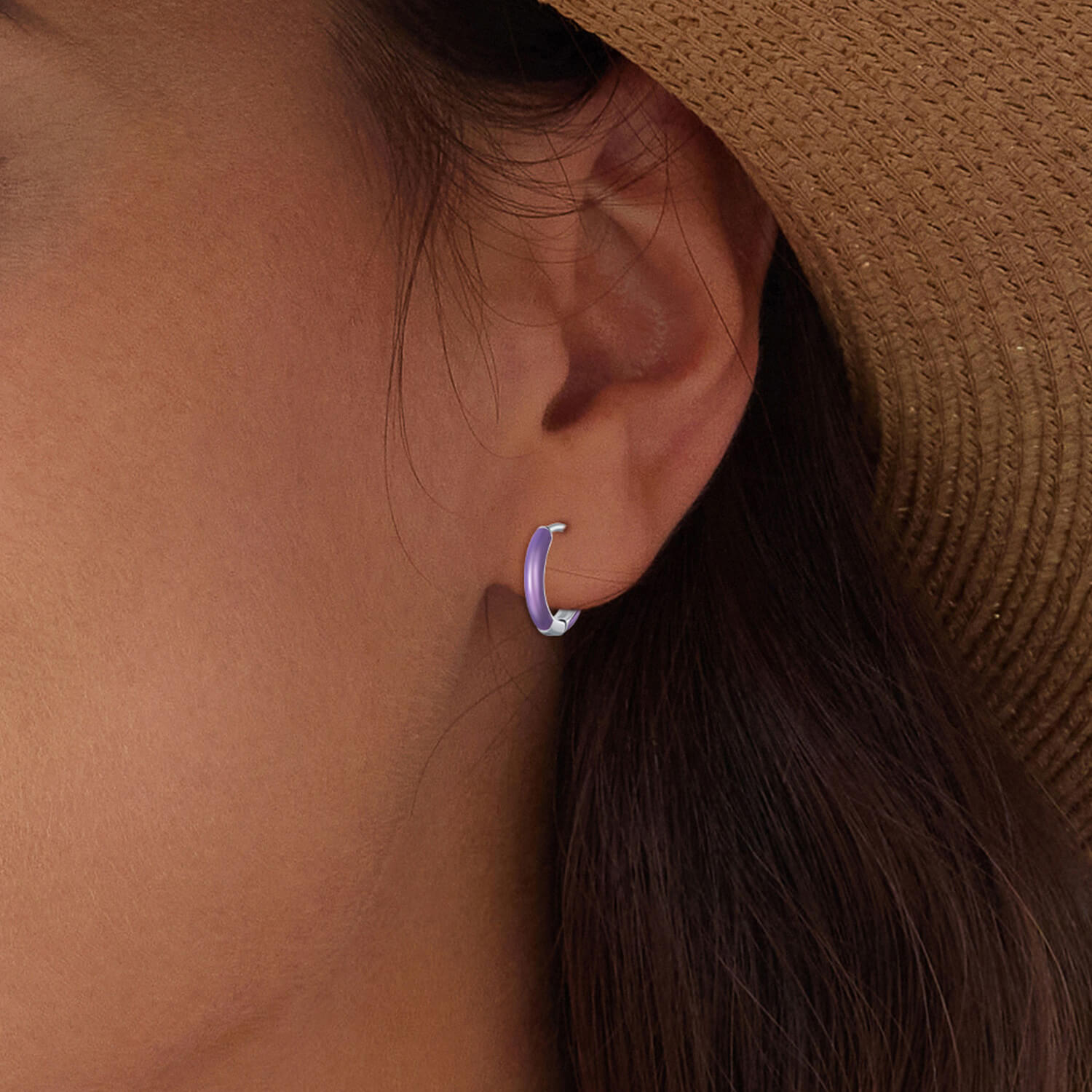 Glow-in-the-dark Purple Enamel Hoop Earrings in Sterling Silver model