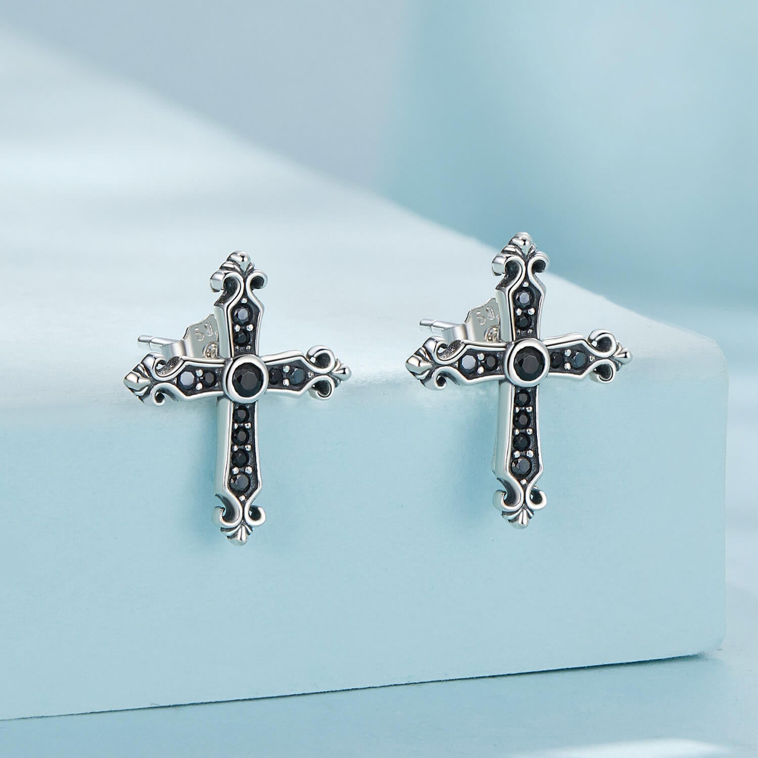 Vintage Black Cross Zircon Earrings in Sterling Silver