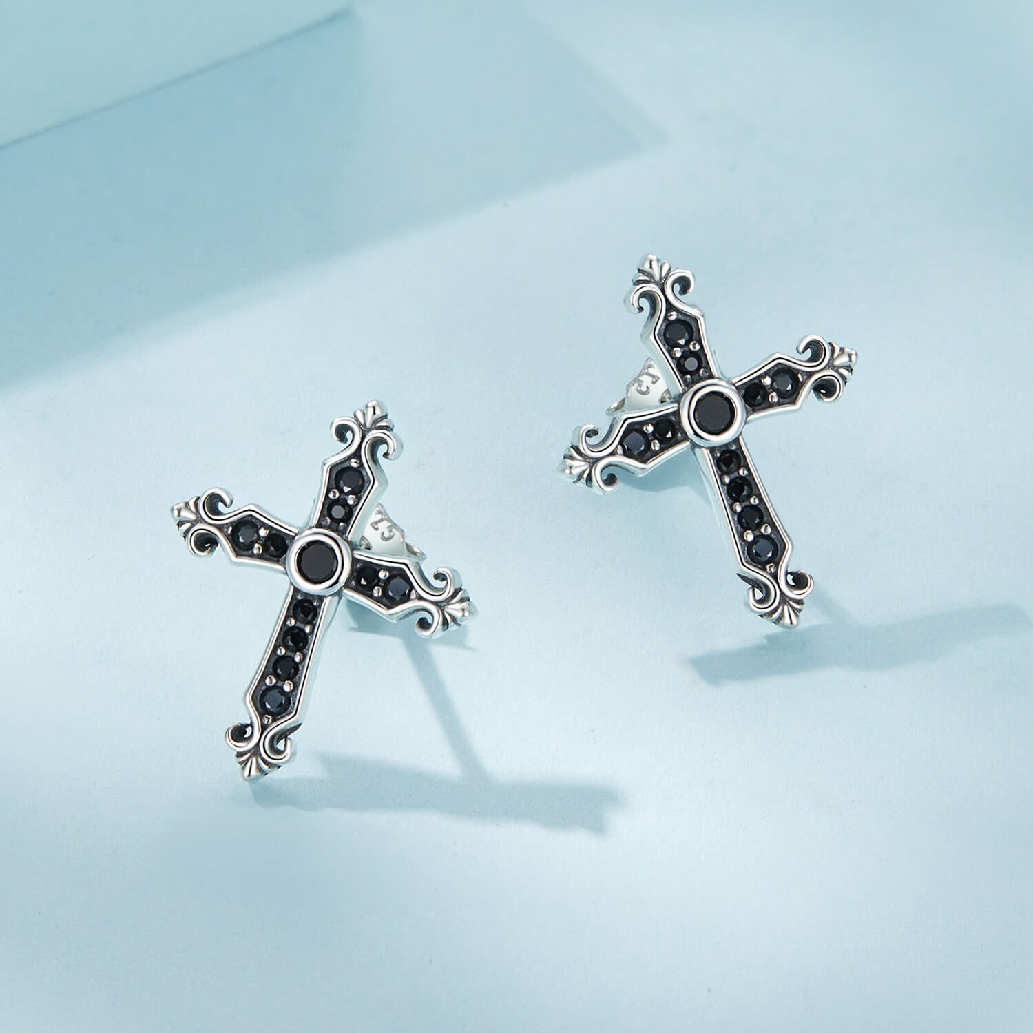 Vintage Black Cross Zircon Earrings in Sterling Silver front