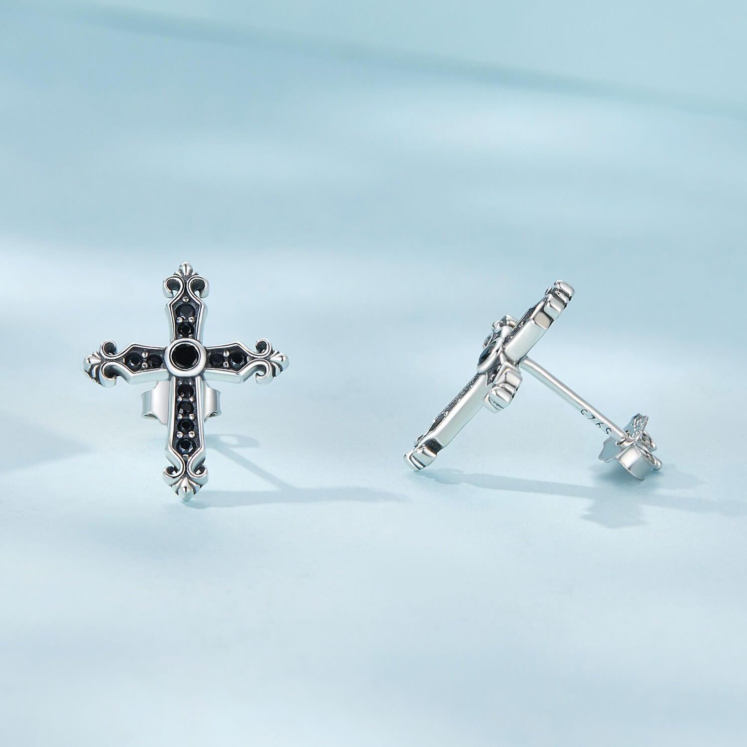 Vintage Black Cross Zircon Earrings in Sterling Silver front and side