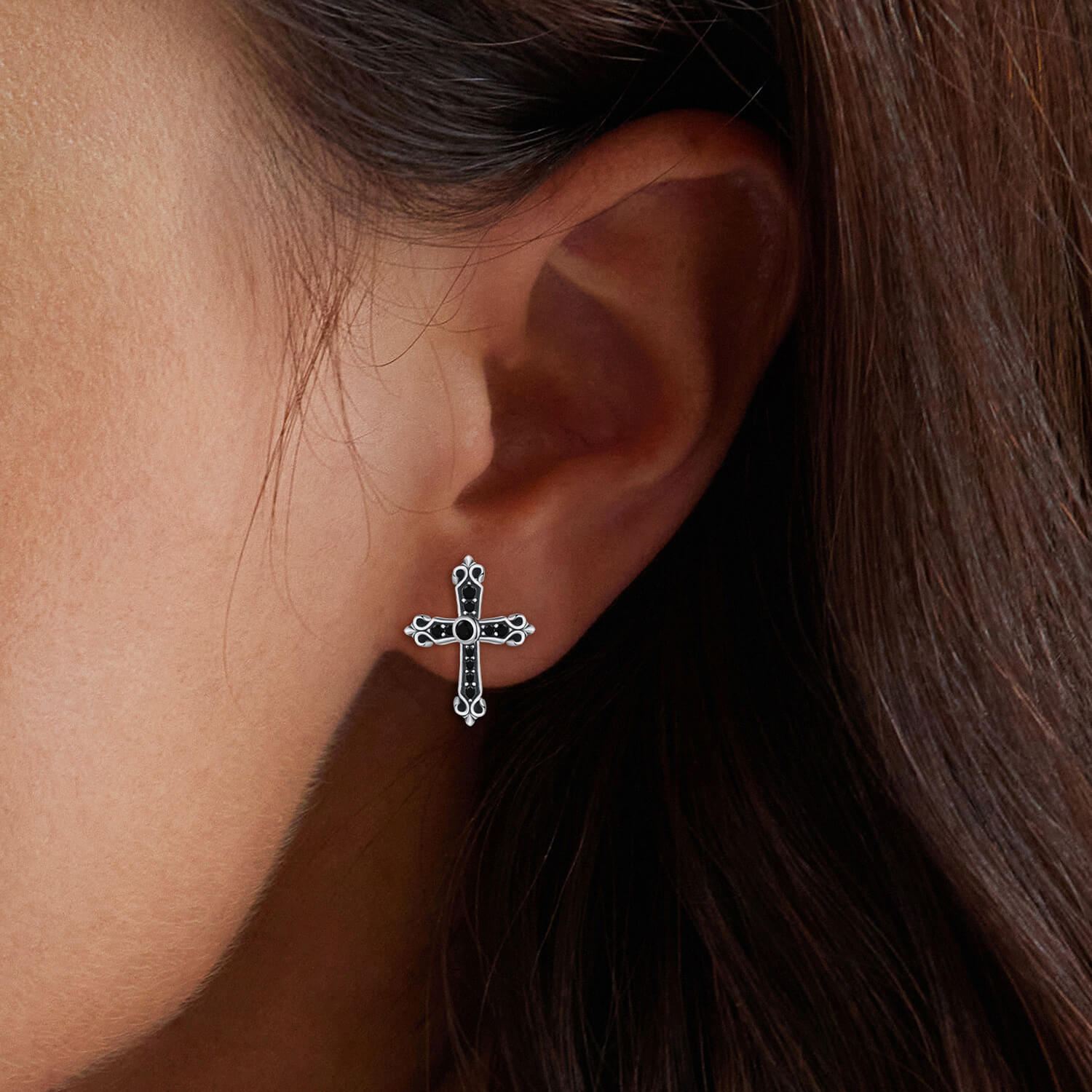 Vintage Black Cross Zircon Earrings in Sterling Silver model