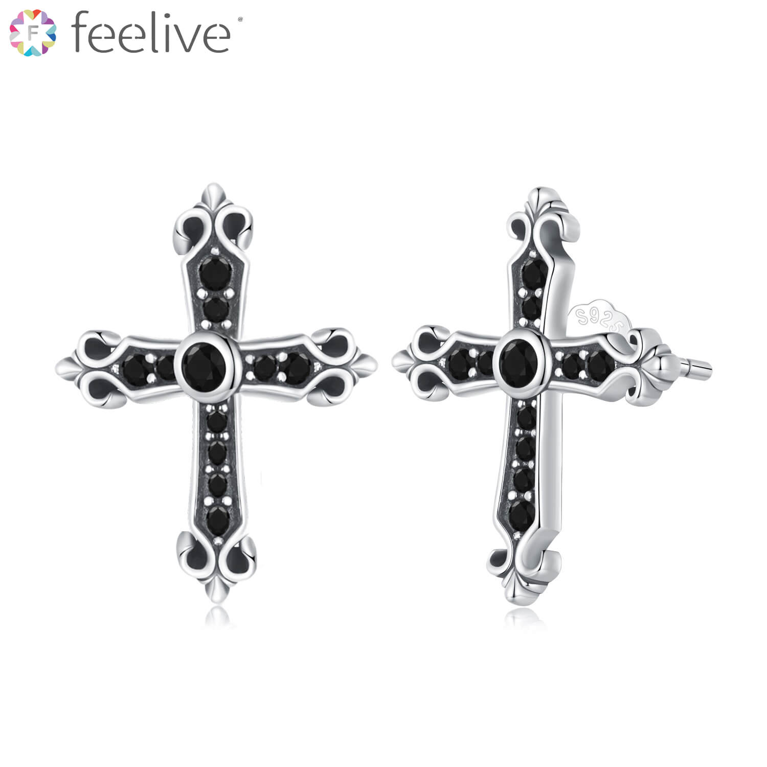 Vintage Black Cross Zircon Earrings in Sterling Silver - Feelive