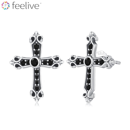 Vintage Black Cross Zircon Earrings in Sterling Silver - Feelive