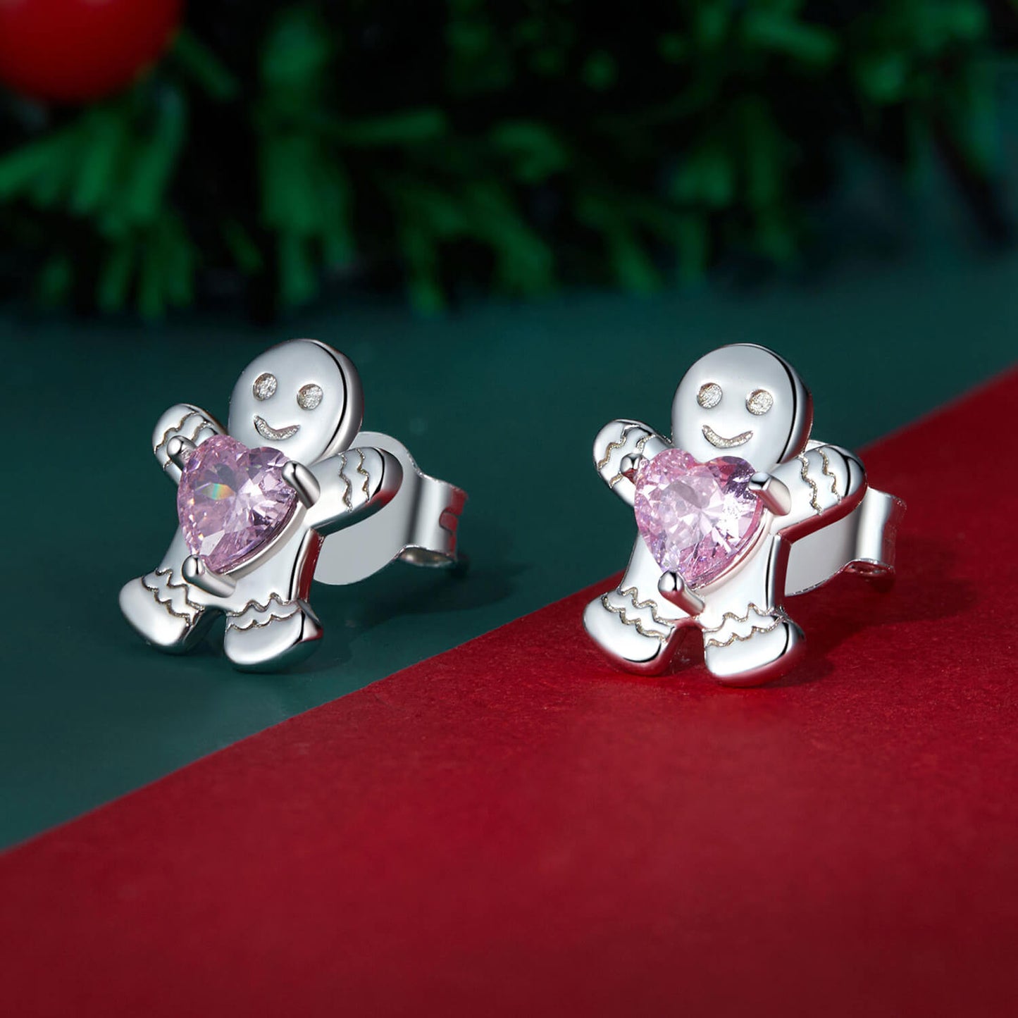 Christmas Pink Gingerbread Man Zircon Earrings in Sterling Silver 