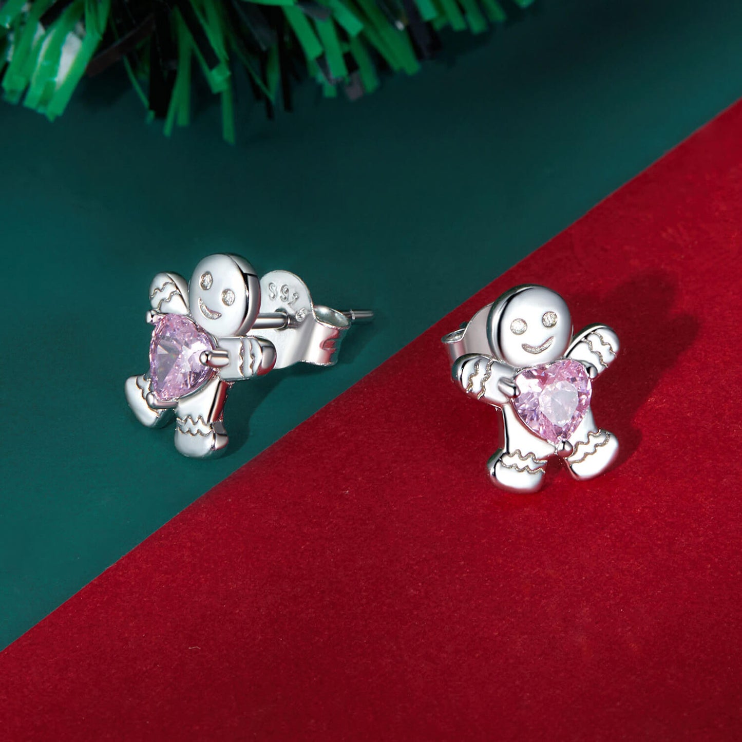 Christmas Pink Gingerbread Man Zircon Earrings in Sterling Silver front